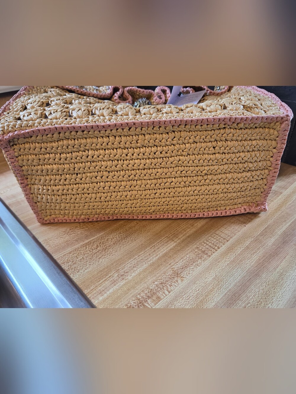 Kurt Geiger Straw Crochet Tote with Pink Trim and Gold Hardware - Picture 7 of 8